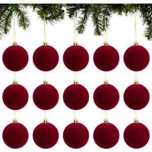 15pcs Velvet Christmas Balls 1.97 Inches Flocked Christmas Hanging Ornaments Ball Red Xmas Tree Velvet Balls for DIY Craft Projects Wedding Christmas Tree Home Decor