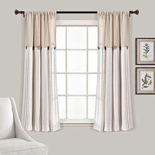 Lush Decor Linen Button Farmhouse Curtains, Single Panel, Pleated Two Tone Design 40"W x 63"L, Linen