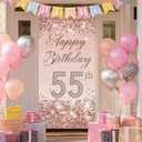 55th Birthday Door Cover 71x35 Inch Elegant Rose Gold Glitter Happy Birthday Banner for Women Sparkling Diamond Number Fifty-Fifth Milestone Celebration Party Photo Booth Prop Wall Decor