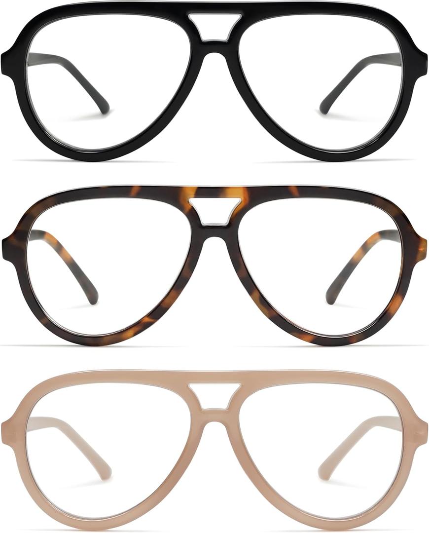 AMOMOMA 3 Pack Retro Aviator Reading Glasses for Women Men,Classic Large Oversized Reader Blue Light Computer Frame AM6111 (C1.black+c2.tortoise+c4.milky Brown)