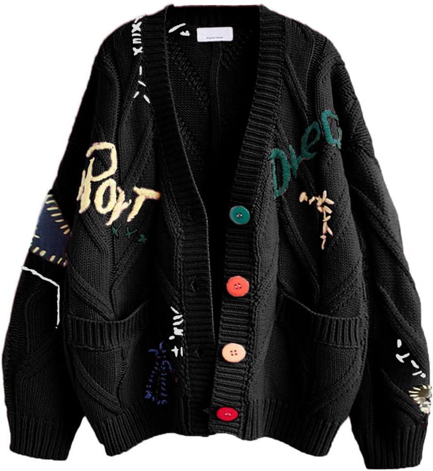 Women's Cable Knit Long Sleeve Open Front Cardigan Sheep V-Neck Button Down Embroidery Wool Blend Sweater Coat Outwear (Medium, Black)