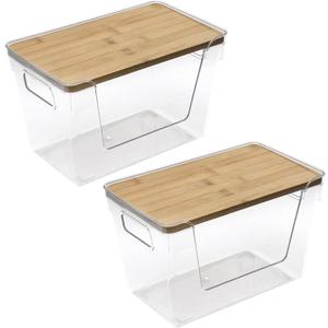 Trash Bag Dispenser, 2PCS Large Capacity Stackable Open Front Storage Bins, Clear Trash Bag Holder with Bamboo Lids and Handle, Garbage Bag Dispenser for Kitchen Laundry Room Organization