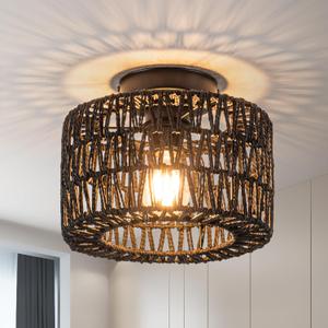 Rattan Ceiling Light, 1 Light Farmhouse Woven Flush Mount Ceiling Light, Boho Light Fixture for Bedroom Living Room Hallway Entryway, Black Finish