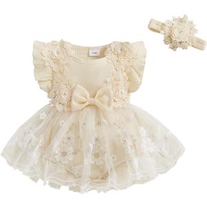 Douhoow Baby Girl Romper Dress Baby Dress Romper Flowers Lace Infant Girl Spring Summer Clothes with Headband