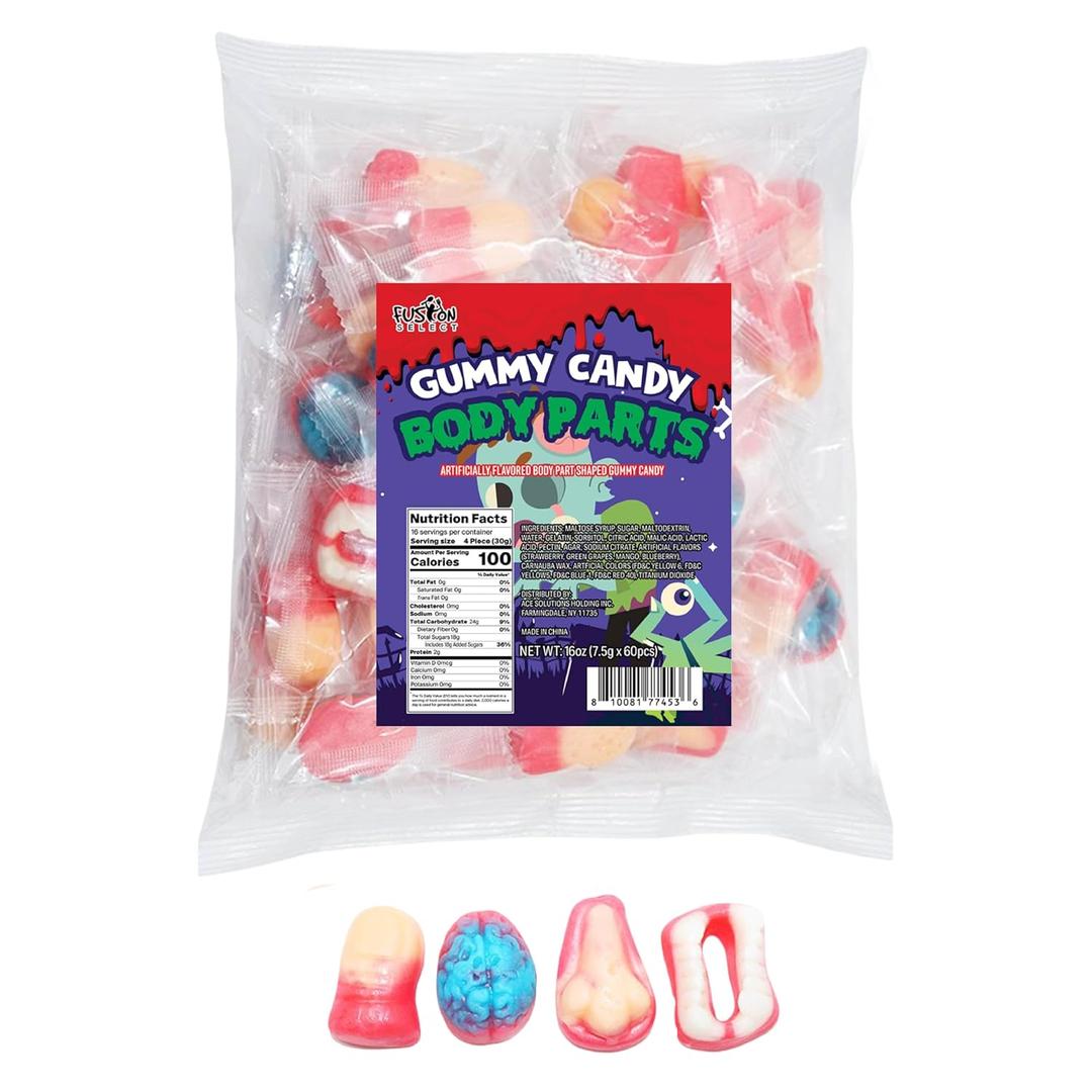 Fusion Select 16 Oz Individually Wrapped Gummy Body Parts Candy - Halloween Gummies & Trick or Treat Candy for Party & Goodie Bags - Spooky Assortment of Brain, Teeth, Fingers & Nose Candies