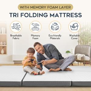 3 Inch Tri Folding Mattress Full Size with Storage Bag, Foldable Memory Foam Topper Portable Floor Guest Bed with Removable Cover, Breathable Washable