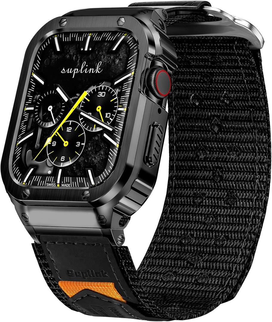 SUPLINK Stainless Steel Case&Nylon Band Compatible with Apple Watch Band 38mm 40mm 41mm 42mm 44mm 45mm 46mm 49mm,Rugged Metal Cover Adjustable Strap for iWatch Series 10 9 8 7 6 5 4 3 2 1 SE Ultra Men (Black)