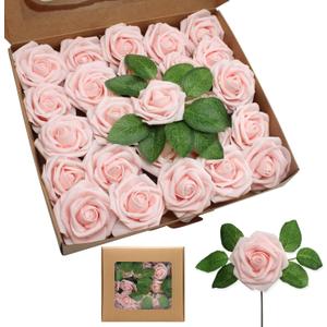 ZAMMAZ Artificial Roses Flowers 100pcs Blush Pink Real Looking Foam Fake Roses with Stems for DIY Wedding Bouquets Bridal Shower Centerpieces Party Decorations, Light Pink