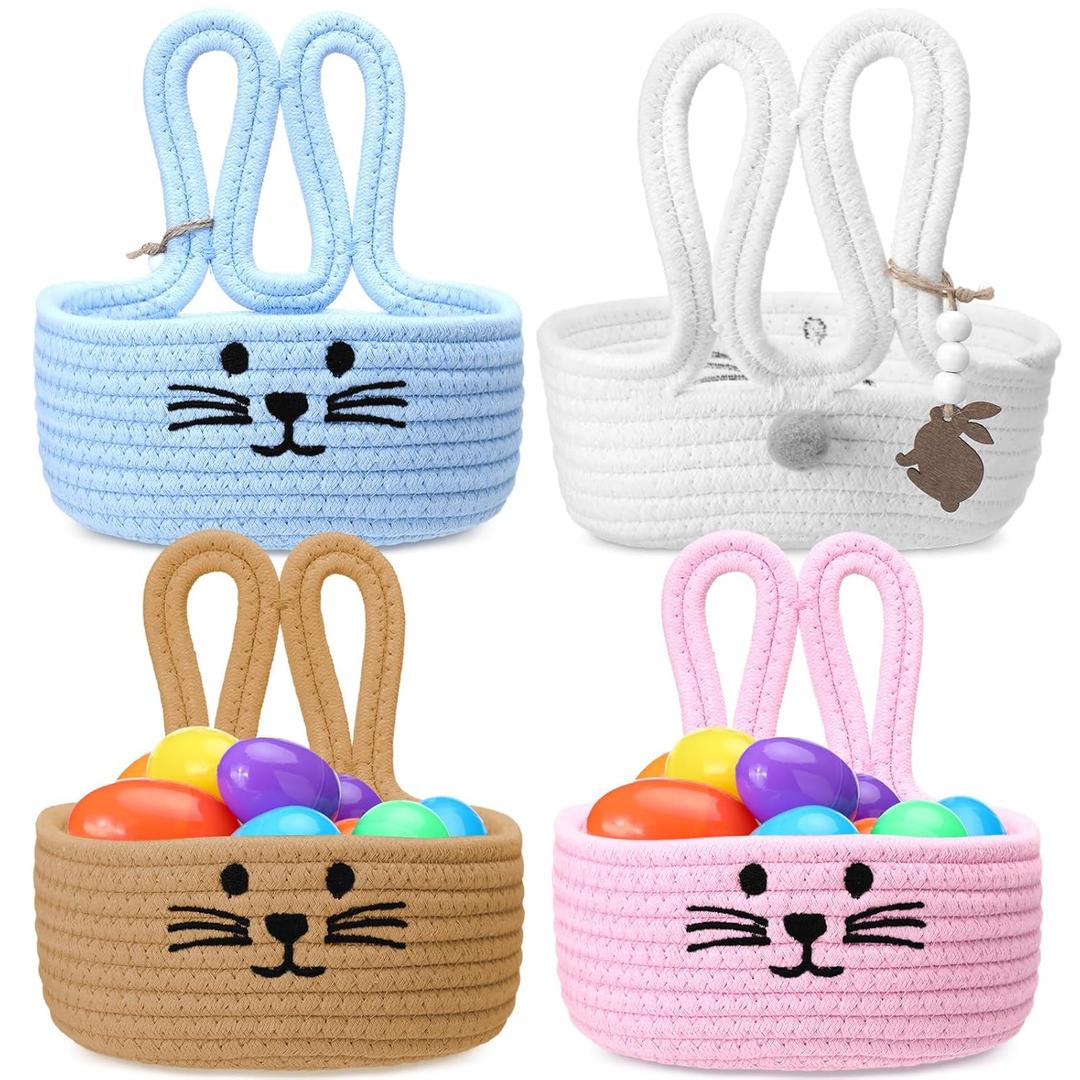 FoldTier 4 Pack Easter Basket Woven Bunny Baskets with Name Tag Gift Bunny Eggs Hunt Buckets Rustic Rabbit Cotton Rope Tote for Baby's First Easter Cute Candy Basket for Baby Toddler Boys Girls