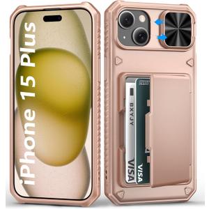 for iPhone 15 Plus & iPhone 14 Plus Wallet Case, Built-in Card Holder(4-5 Cards), Slide Camera Cover, Military Grade & RFID Protection, Rugged Phone Case for iPhone 15 Plus/14 Plus, Rose Gold