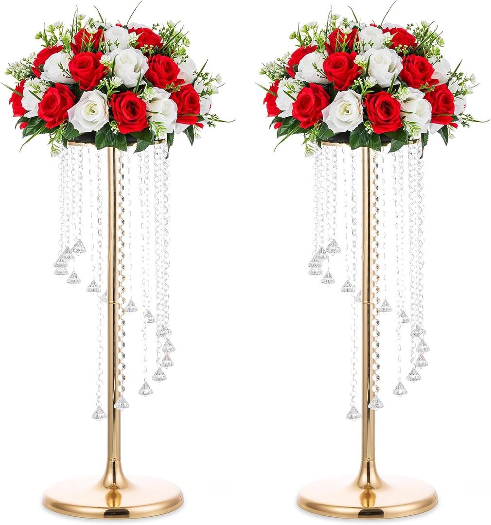 Nuptio 2 Pcs 27.6inch Tall Wedding Centerpieces Gold Vases Crystal Flower Vase Metal Flowers Stand for Party Tables Decorations - Elegant Bulk Weddings Decoration Table Chandelier Centerpiece Stands