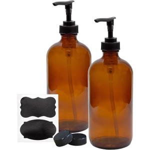 Cornucopia Brands 16oz Amber Glass Bottles w/ Pump Dispensers (2-Pack); Refillable Lotion Liquid Soap Pump Brown Bottles Labels, BPA-Free Plastic Tops