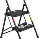 BONTEC 2-Step Ladder, Folding Step Stool, 600lbs Max Load Capacity, Sturdy Steel, Non-Slip Pedals, Lightweight, Portable Steel Ladder with Convenient Handrail, Safety Design for Home & Work, Black