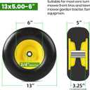 AR-PRO (2-Pack) 13x5.00-6 Flat Free Lawn Mower Tire and Wheel- Solid Smooth Tread Replacement Front Tire for Riding Zero Turn Mowers, Garden Tractors 3/4" and 5/8" Bearings, 3.25"-5.9" Centered Hub