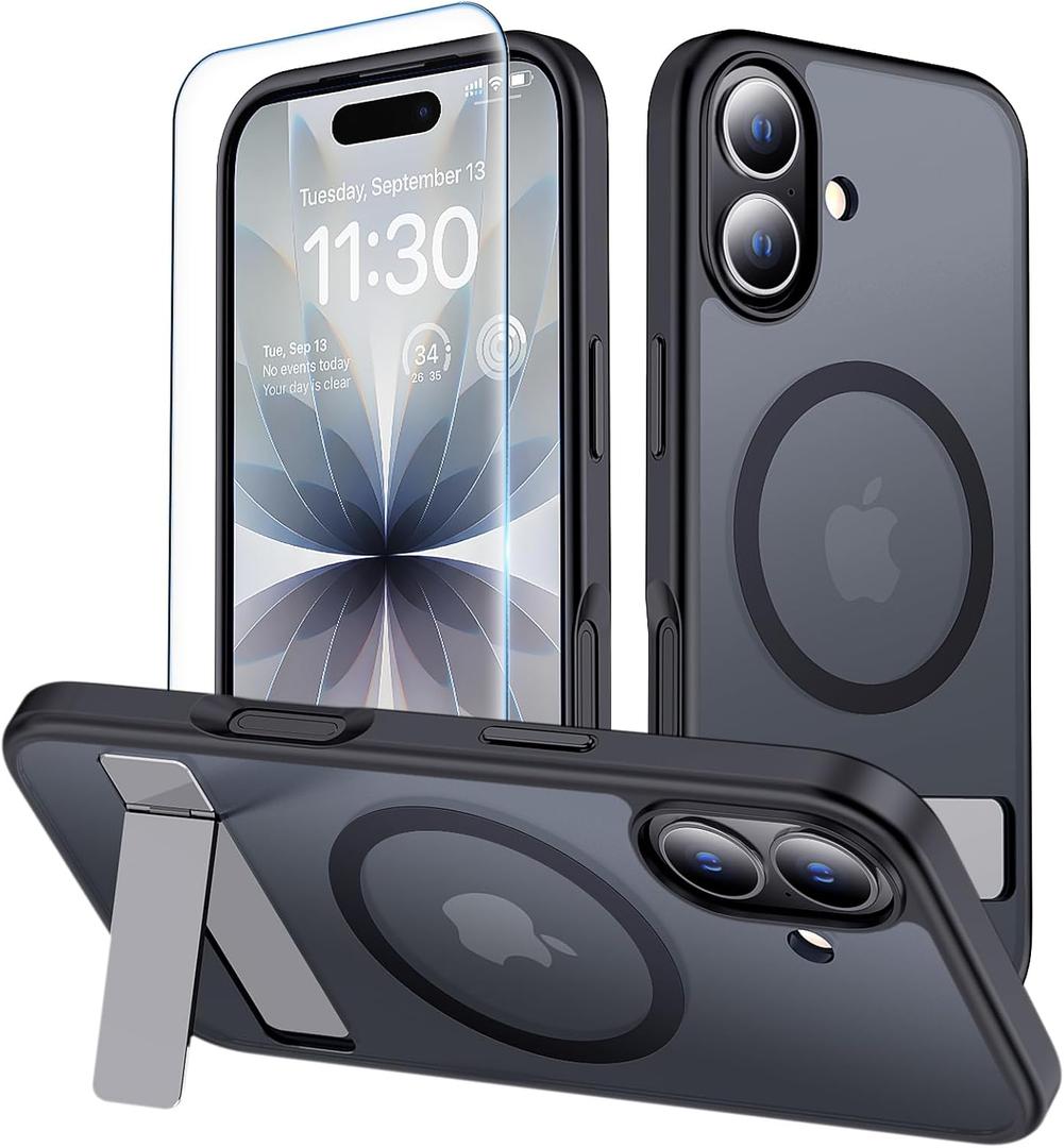 MOZOTER for iPhone 17 Case with Kickstand,[Compatible with MagSafe] [12FT Military Grade Protection] Slim Translucent Matte Shockproof Phone Case,6.3",Black