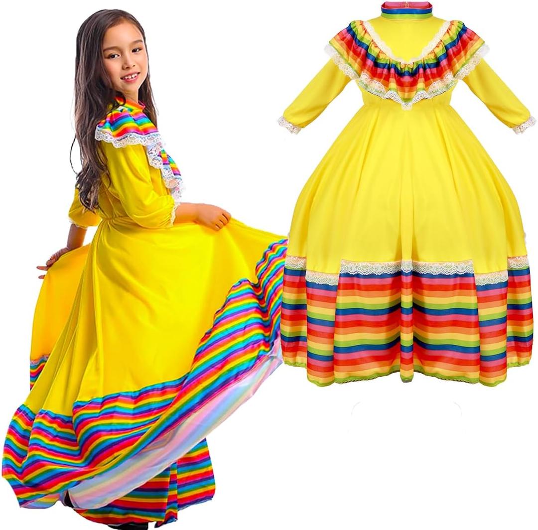Girls Mexican Dress Folklorico Traditional Dresses Holiday Toddler Dance Skirt Kids Halloween Carnival Birthday Gowns, M