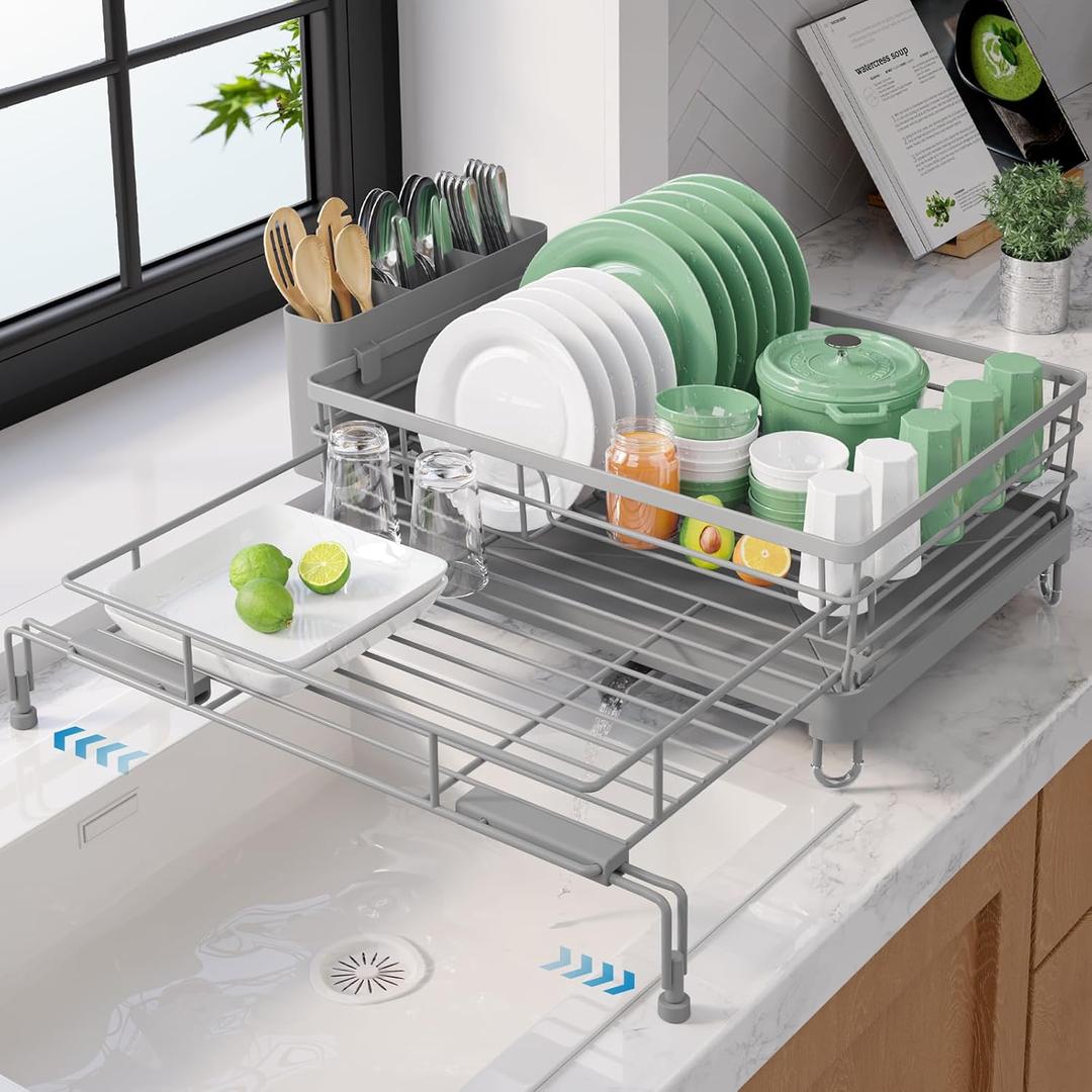 Kitsure Extendable Dish Drying Rack - Rust-Resistant Dish Racks for Kitchen Counter with Adjustable Support Legs, Cutlery Holder & Removable Draining Tray (Grey, 15.6''-25.2''L  16.9''W  8.1''H) (Gray)