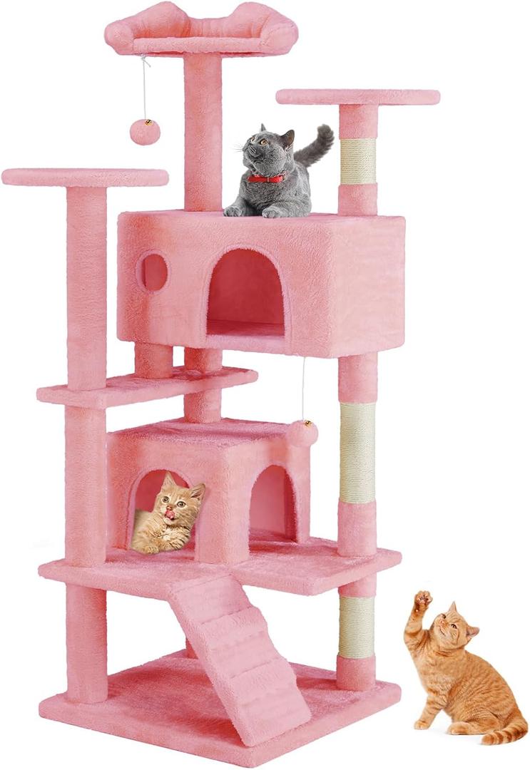 Sweetcrispy 54-Inch Cat Tree Tower  Multi-Level with Sisal Scratching Post, Perfect Pet Gift, Indoor Condo with Climbing Ladder, Plush Toy, and More Animal Stuff, Pink