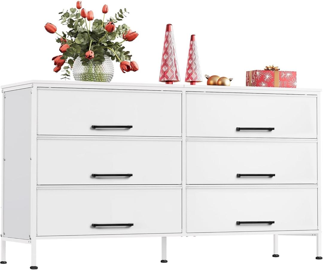 WLIVE 6 Drawer Dresser for Bedroom Large, Fabric White Dresser TV Stand for 55, 60, 65, 70 inch TV, Wide Long Chest of Drawers with Deep Drawer for Closet, Bedroom, Living Room, Hallway