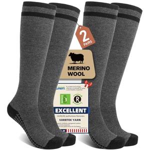 SONORAN 2 Pairs Merino Wool Compression Socks for Men Women, Knee High Winter Thermal Thick Warm for Cold Weather Christmas Gift L/XL Black Gray