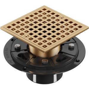 Champagne Bronze 4 Inch Shower Floor Drain with Flange - Square Shower Drain with Hair Strainer - Removable Strainer Cover - SUS304 Stainless Steel & CUPC Certified - Antique Brass
