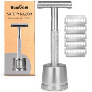 Bambaw Double Edge Safety Razor for Men with Stand, Reusable Metal Razor with 5 Double Edge Blades, Single Blade Razors for Men & Women  Silver