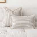 YEENAASY Throw Pillow Covers 18x18 Set of 2 Striped Fringe Pillow Cover Farmhouse Cushion Covers with Tassel Neutral Boho Pillows Decorative Square Pillowcase for Couch Sofa Bed, Khaki