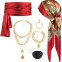 6PCS Pirate Costume Set,Women Pirate Accessories Head Scarf Sash Necklace,Halloween Outfit Accessories for Adult Cosplay Party