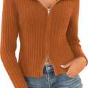 ZAFUL Women's Zip Up Sweater Long Sleeve Polo V Neck Ribbed Knit Slim Cropped Sweater Pullover Jumper Tops (1-Orange, S)