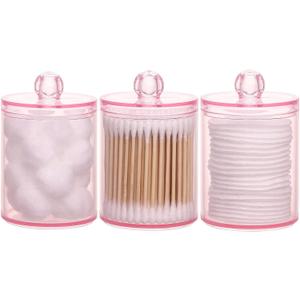 Tbestmax 3 Pack Cotton Swab Ball Pad Holder, 10 Oz Qtip Apothecary Jar Pink Makeup Organizer, Bathroom Containers Dispenser