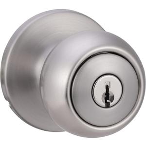 Amazon Basics Exterior Door Knob With Lock, Coastal, Satin Nickel