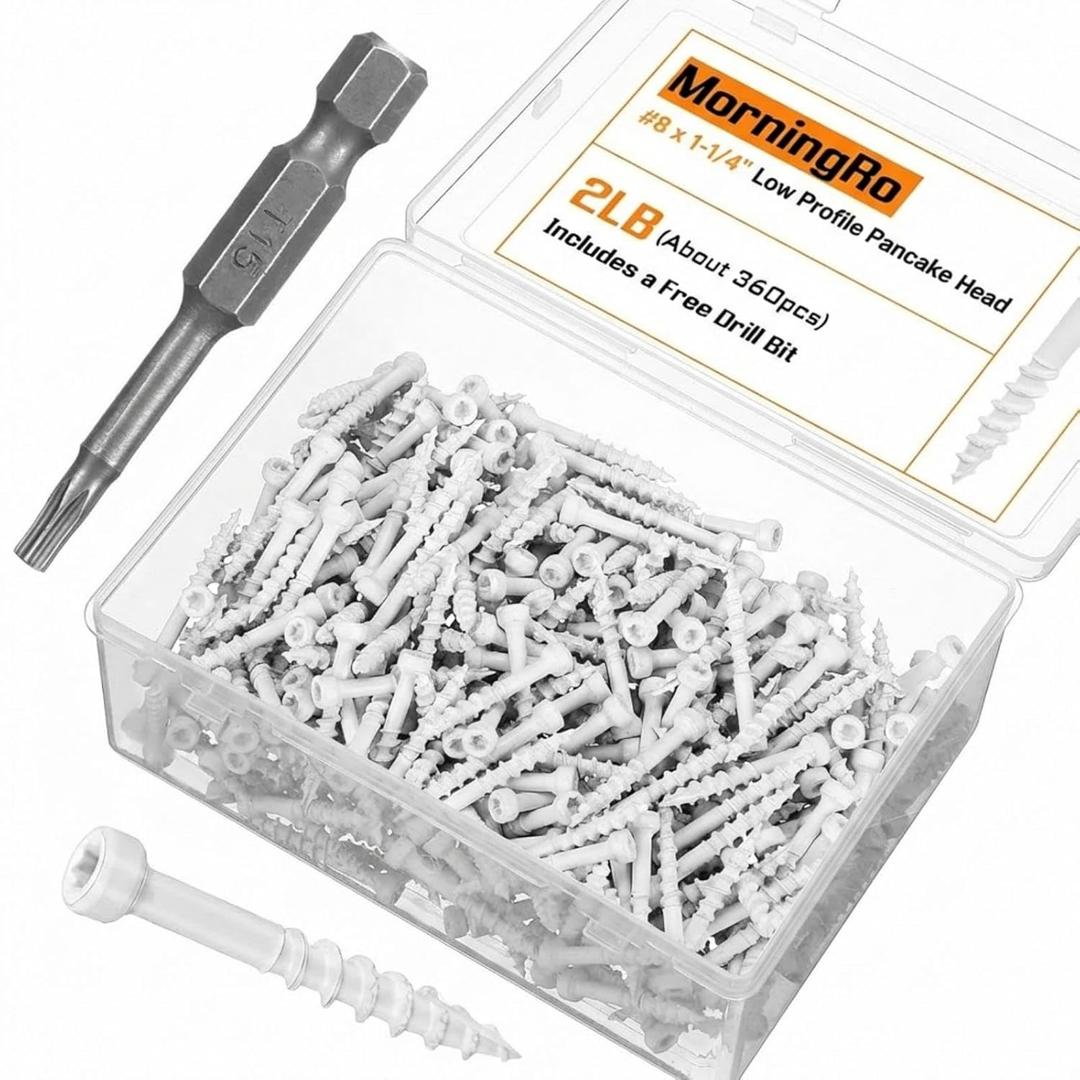 #8 x 1-1/4" (Approx. 360 Pcs) White Trim Screws 2 lb Box, Durable Wood Screws, Serrated Thread for Secure Fastening, Avoid Cam Out, with a Drill Bit