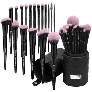 Bueart Design 18Pcs Pro Deluxe Fuchsia Pink Black Makeup Brushes set with Travel Make up Brush Holder case Foundation concealer contour Blush eyeshadow face make up brush set