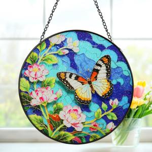 8inch Stained Glass Suncatcher, Butterfly Stained Glass Window Hanging Sun Catchers Ornaments for Indoor Windows Wall Garden Kitchen Home Decor Gifts for Women Birthday Mother's Day Religious Easter