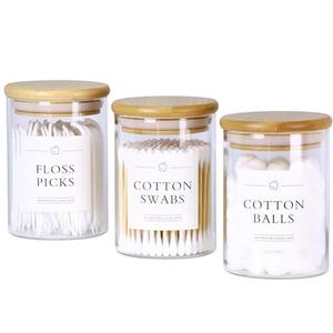 INIUNIK 3 Pack Qtip Holder Dispenser - Glass Apothecary Jars with Lids, Cotton Ball Pad Swab Round Holder, Bamboo Bathroom Accessories, Bathroom Organizers Containers Jars Canisters with Lids