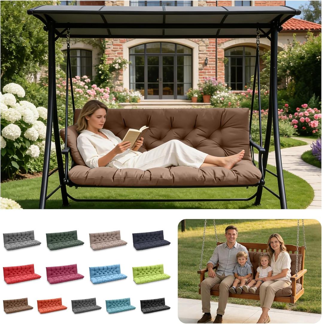 Porch Swing Cushions, Outdoor 3 Seats Swing Cushion Replacement Pad with Backrest, Waterproof Bench Cushion with Ties, for Porch,Garden,Backyard Furniture Patio Lounger (Coffee 60 * 40 in)