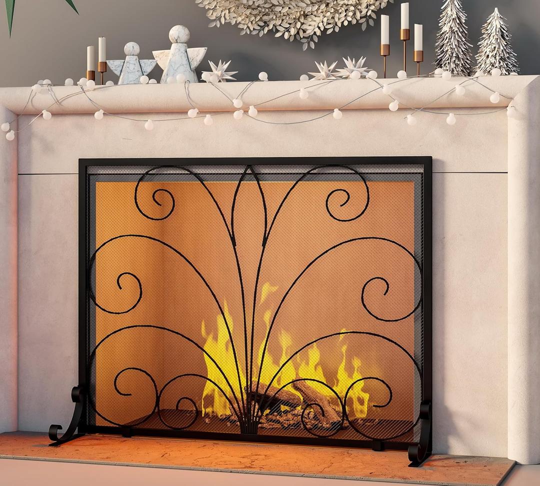 Fire Beauty Fireplace Screen,Handcrafted Wrought Iron,Flat Guard Metal Furnace Fireguards Mesh,Safe Spark Protector,Wood Burning Stove Accessories(35" L x 28" H)