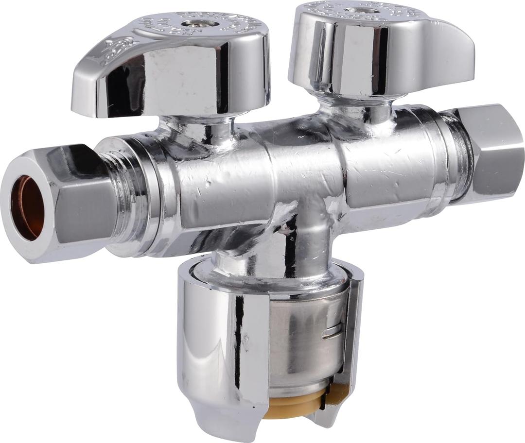 SharkBite Max Dual Shut Off Quarter-Turn Brass Ball Valve, 1/2 Inch Push to Connect x 3/8 Inch OD Compression x 3/8 Inch OD Compression, Chrome, URDS123838