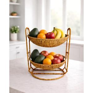2-Tier Wicker Fruit Basket Stand, Handwoven Plastic Rattan Fruit and Vegetable Storage Organizer, Rustic Boho Countertop Display Basket for Produce, Bread, Snacks, or Towels