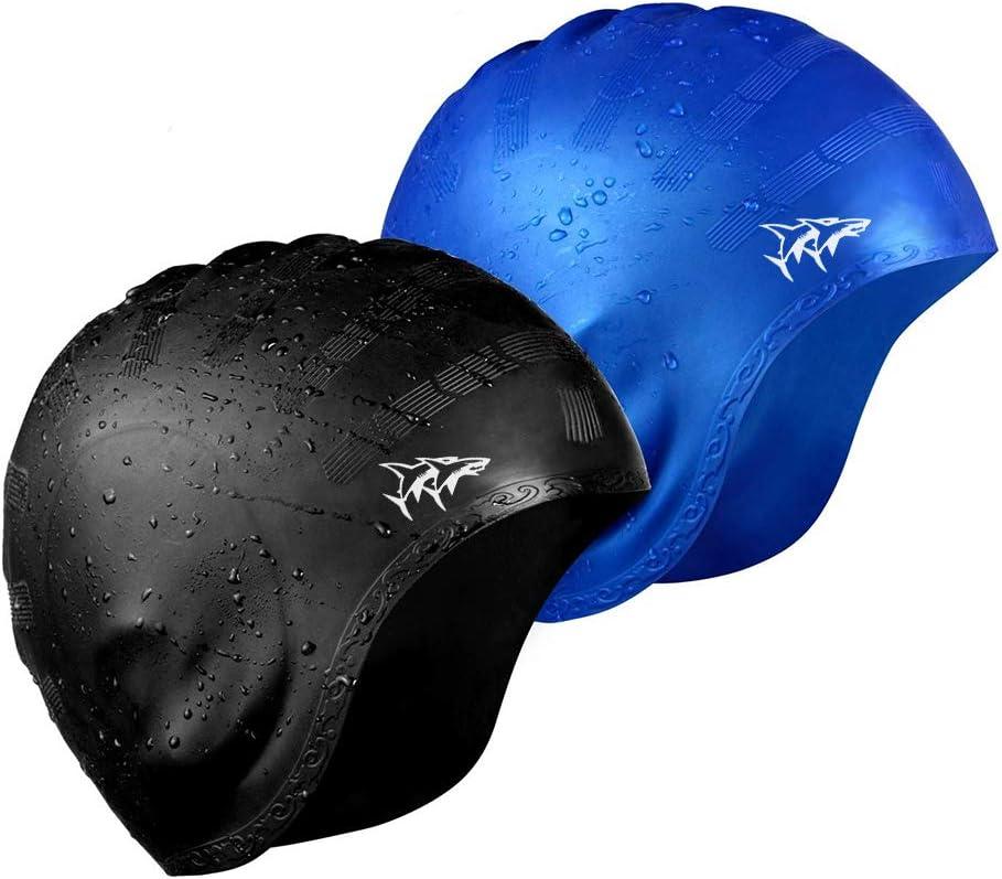 Swim Cap for Long Hair 2 Pack Thicker Design Solid Silicone Waterproof Swimming Caps for Woman Adults and Men (Black+Blue)
