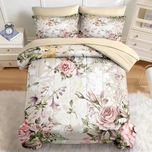 Nesker 7 Pcs Comforter Set King Size, Vintage Flower Summer Bedding Set for Kids and Adults, Rose Floral Shabby Chic Bed Sheet Sets with Fitted Sheet 2 Pillowcases & 2 Shams