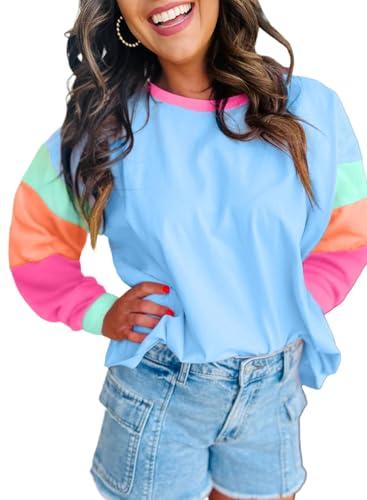 Apvirdy Womens Colorblock Patchwork Long Sleeve Loose Top Casual Crew Neck Tee Shirt 2025 Trendy Tops Medium