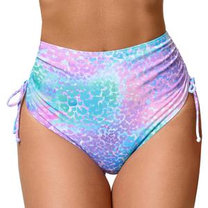 JOYBIK Women's High Waisted Full Coverage Bikini Bottoms Tummy Control Adjustable Drawstring Swim Bottoms, Large