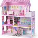 Wooden Dollhouse for Girls, 3-Story Doll House Playset with Furniture & Accessories, Large DIY Wooden Pink House for Kids, Pretend Play Dollhouse Kit, for Toddlers & Girls
