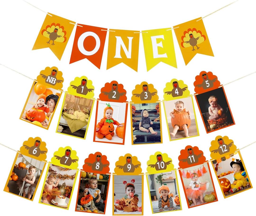 Thanksgiving Turkey One Banner and Turkey 1st 12 Month Birthday Photo Banner for Thanksgiving turkey 1st Birthday Party Decorations