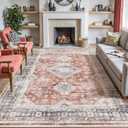 DEXI Area Rugs for Living Room, 8x10 Washable Low Pile Vintage Traditional Rug for Bedroom, Non Slip Large Indoor Carpet for Dining Office Nursery, Orange White