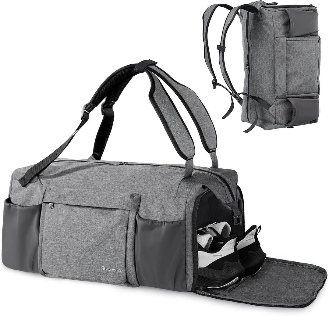 Gym Bag for Men with Shoes Compartment and Wet Pocket Convertible Duffle Bag and Gym Backpack Waterproof Sports Bags for Men with 2 Bottle Holders Multipurpose Weekender Overnight Bag - Grey (Large)