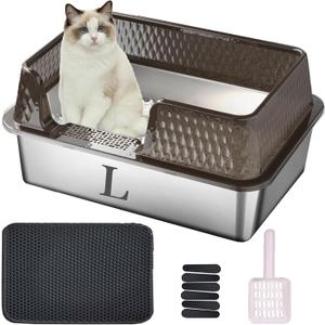 Suhaco Medium Stainless Steel Litter Box Side Entry High Walls Deep Metal Cat Litter Boxes Low Entry with High Sided Removable Lid Litter Mat and Scoop Litter Pan (Black)