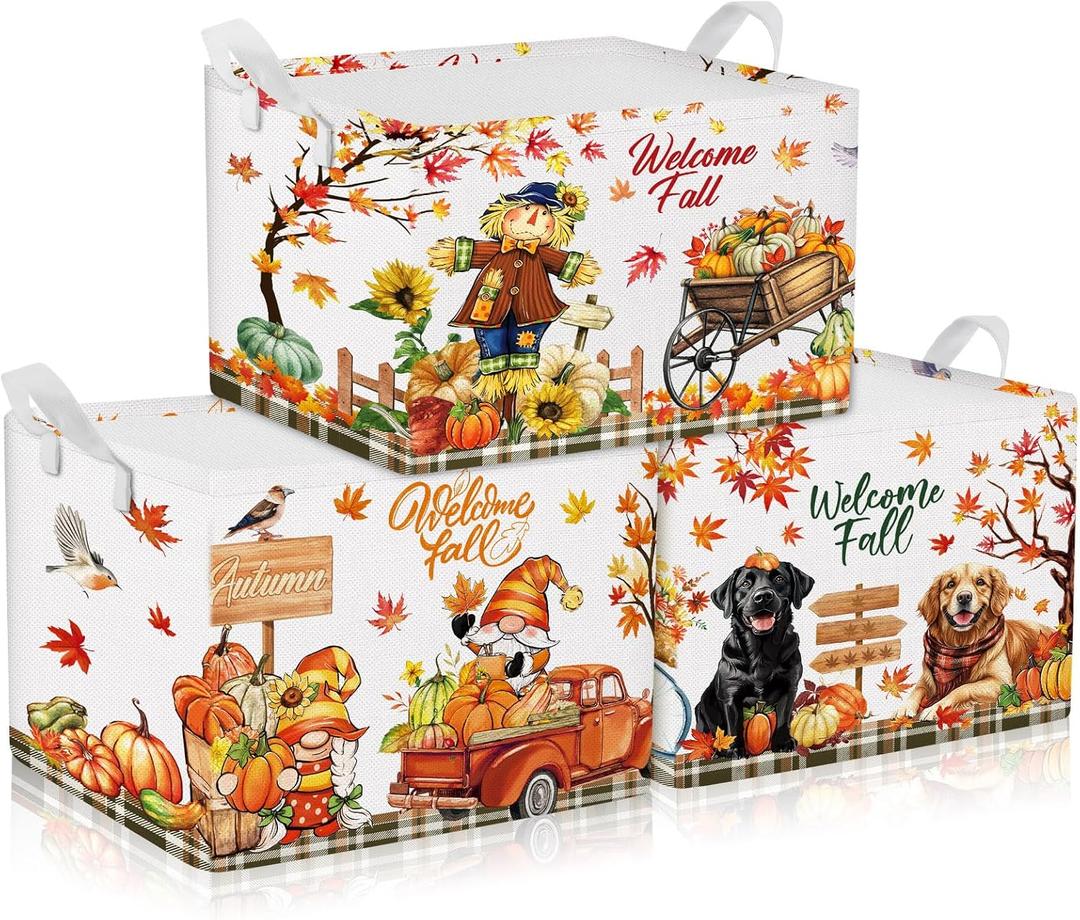 3 Pcs Thanksgiving Storage Basket for Gift Foldable Harvest Baskets with Pumpkin Dogs Maple Leaf Scarecrow Cart Fall Collapsible Bins Farm Harvest Storage Baskets for Home Office Clothes Room