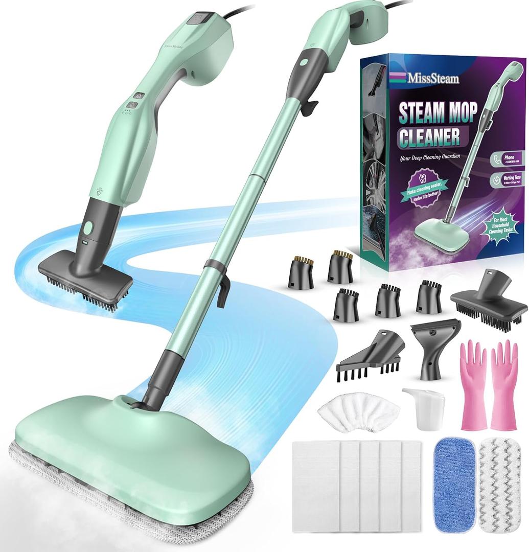 Standable Safe & High Temp Steam Mop Cleaner for Deep Cleaning, Powerful MultiPurpose and Heavy Duty Handheld Steam Cleaner, Detachable Floor Steamer with 18 Accessory for Hardwood Laminate Tile Grout (Green)